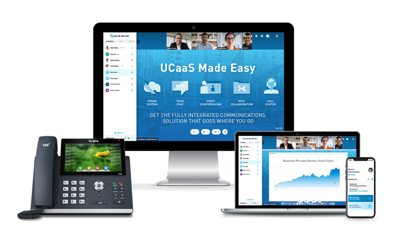 an image of a desktop, laptop, mobile phone, and desk phone showing the many uses of business phone services